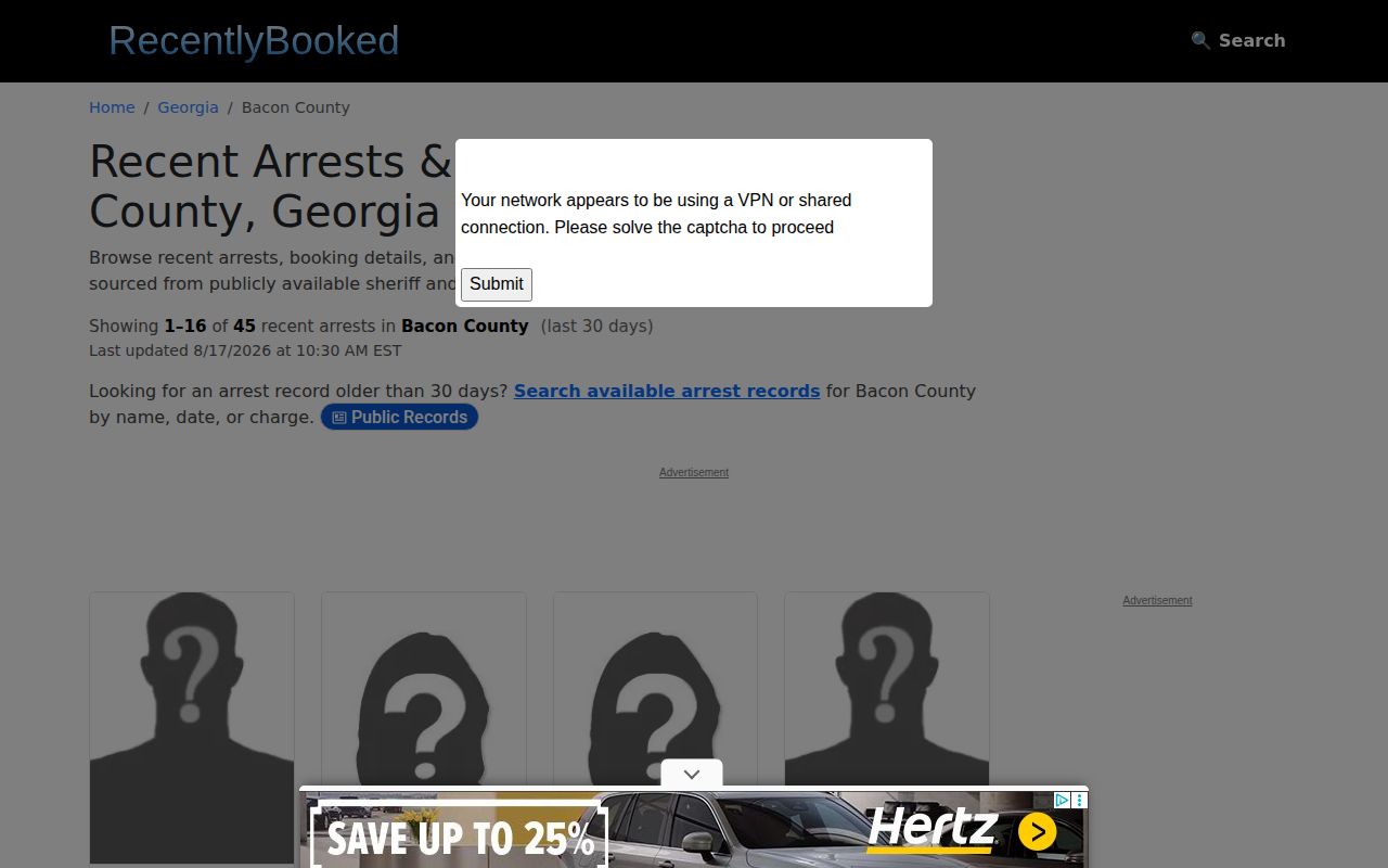 RecentlyBooked Bacon County rolling thirty-day page and update timestamp