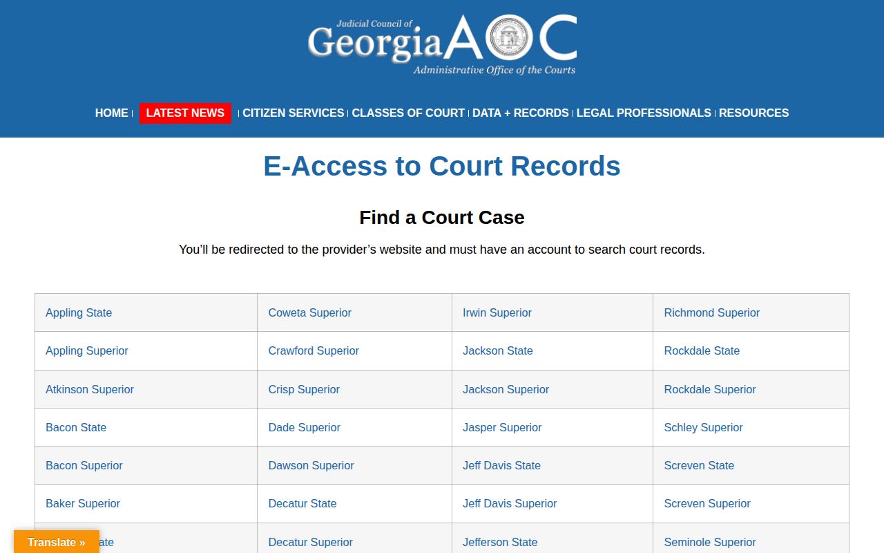 Georgia Courts E-Access gateway for Bacon County State and Superior Court records