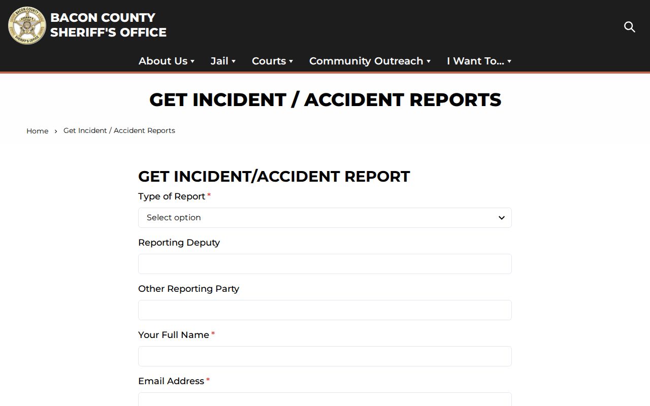 Bacon County Sheriff report request form interface