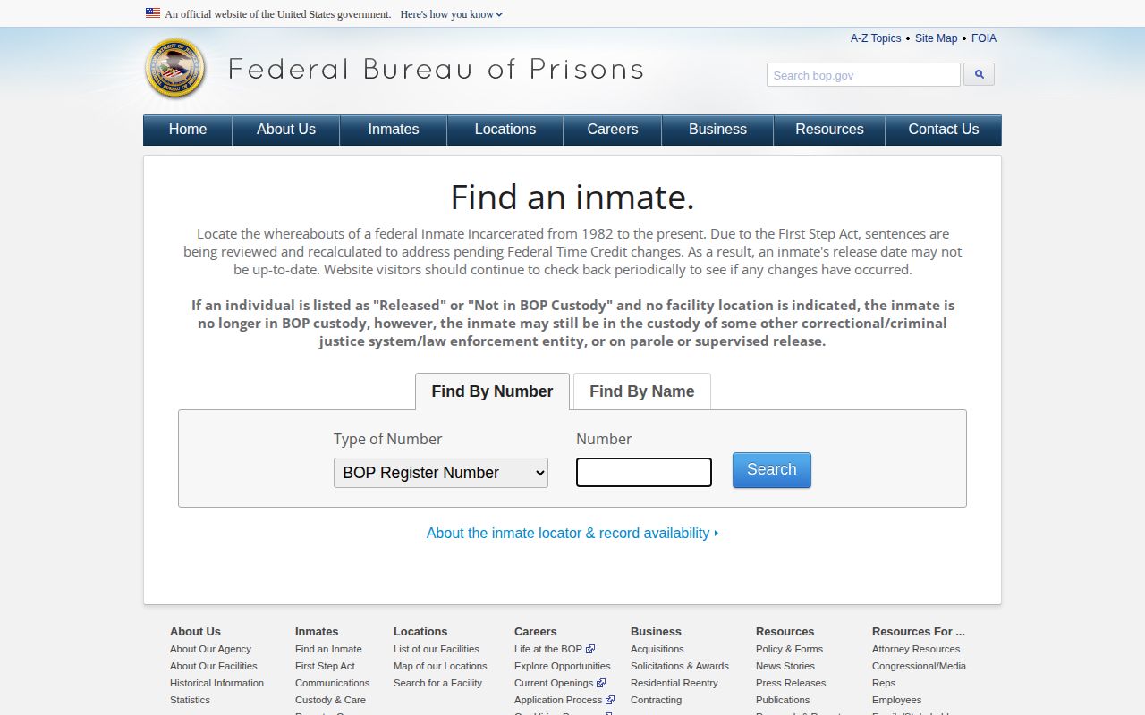 Federal Bureau of Prisons locator fields relevant to a Bacon County custody question