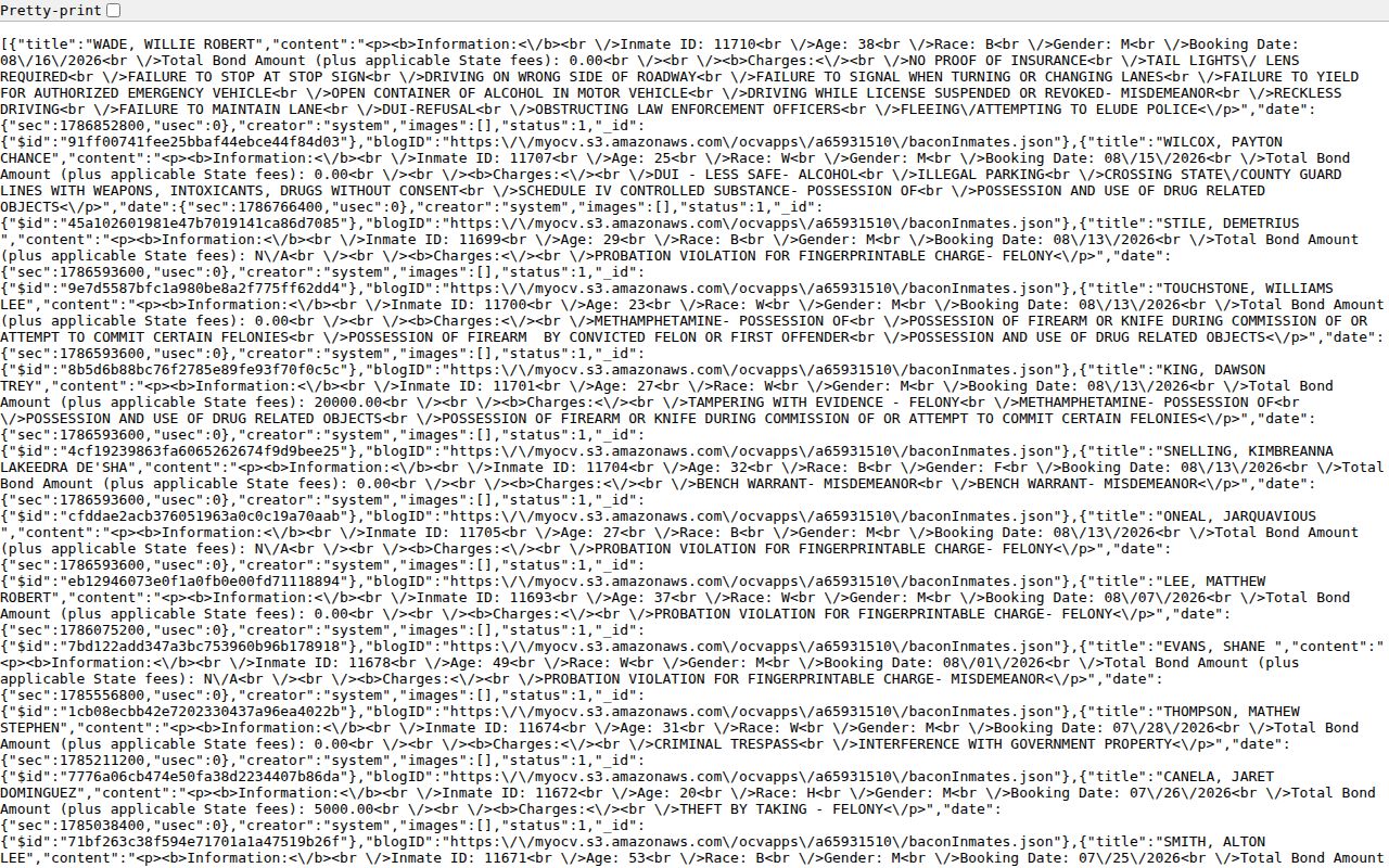 Bacon County official machine-readable current inmate booking feed fields