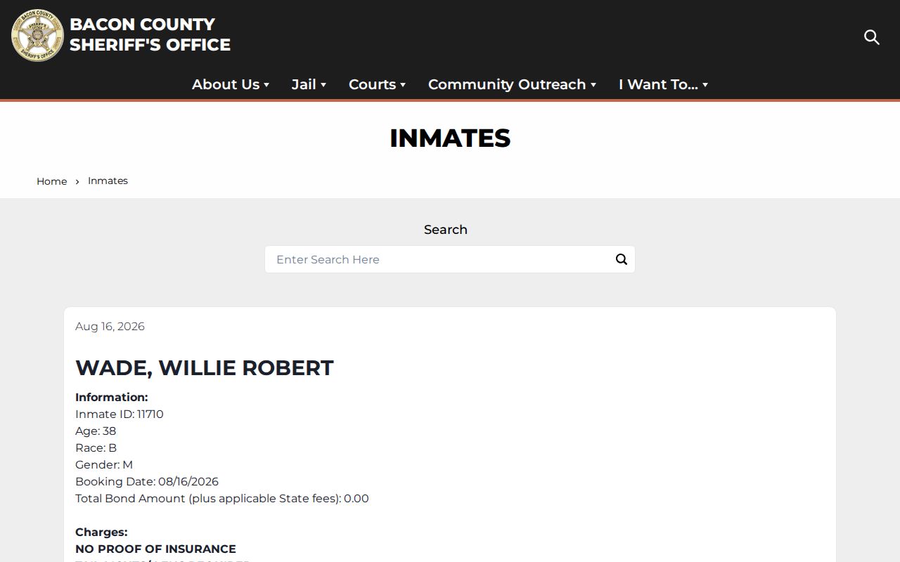 Official Bacon County Sheriff current custody roster search interface