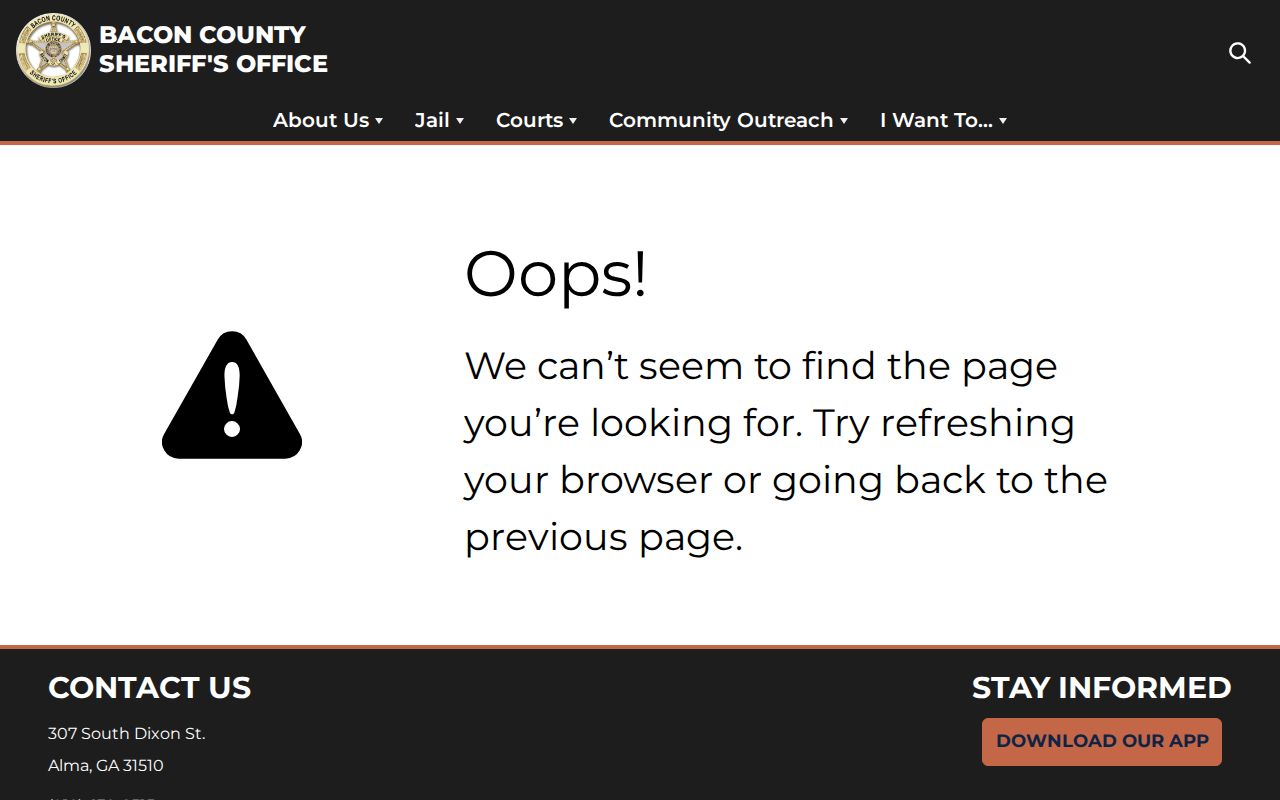 Bacon County Sheriff's Office app description with inmate and alert features