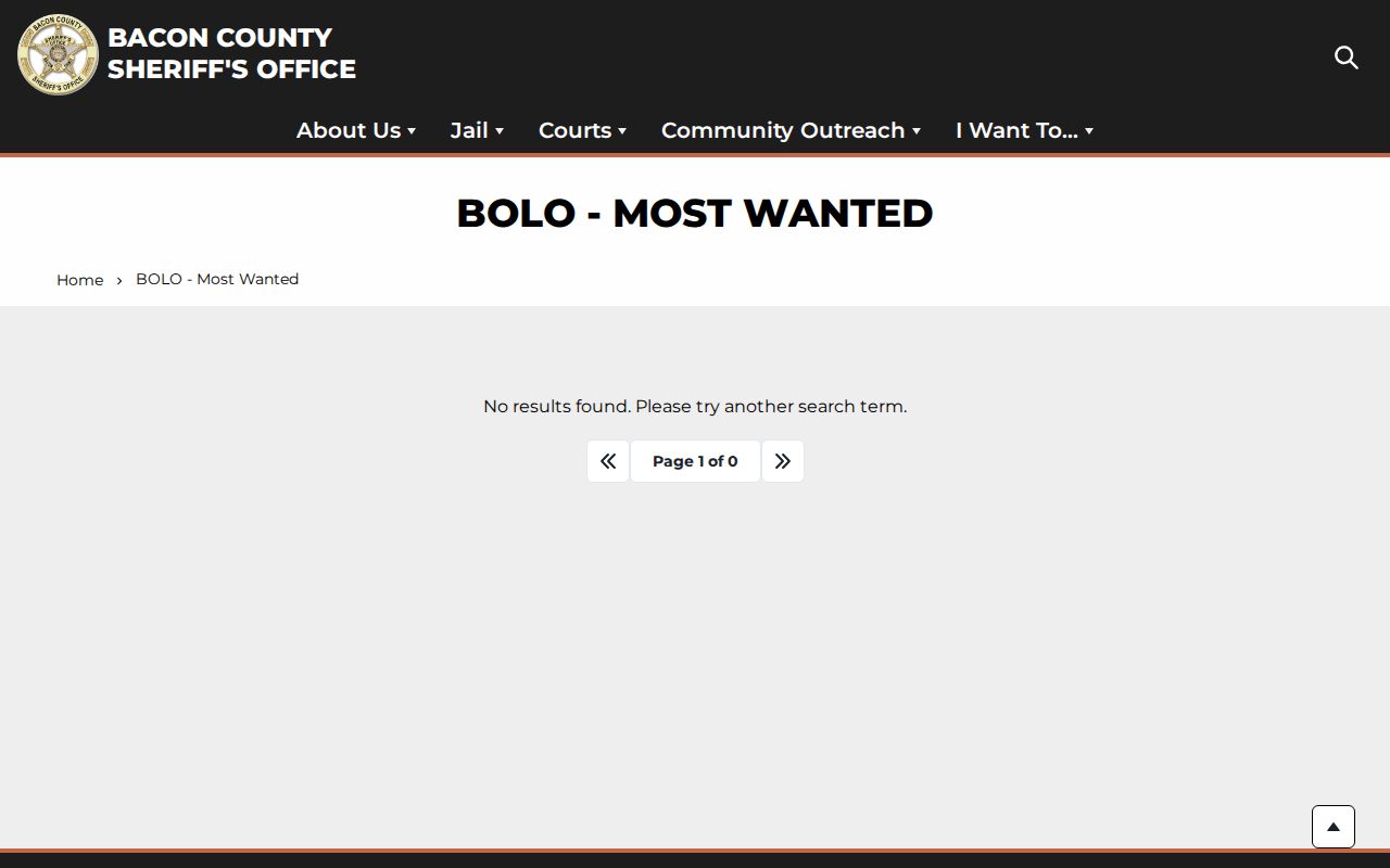 Official Bacon County Sheriff most wanted route and empty-list state