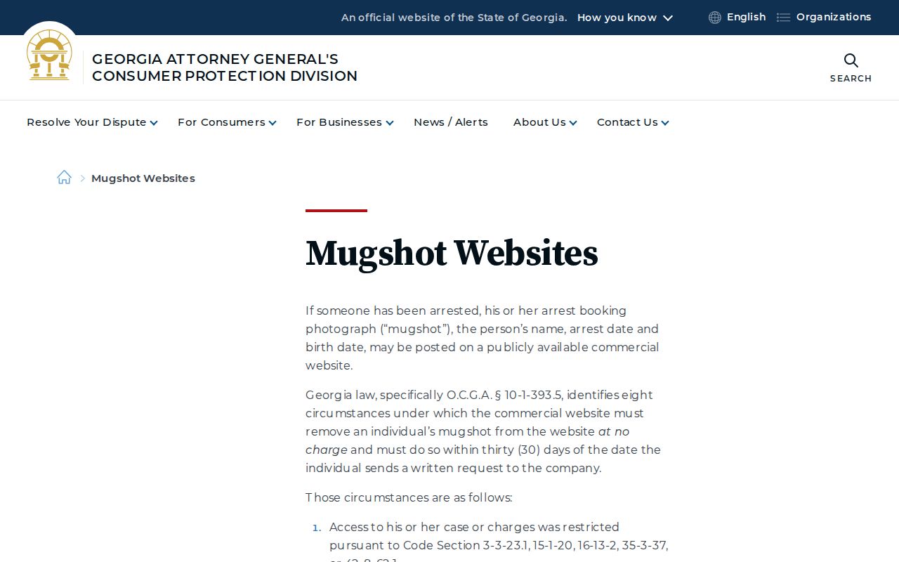 Georgia Attorney General mugshot removal eligibility information for Bacon County records