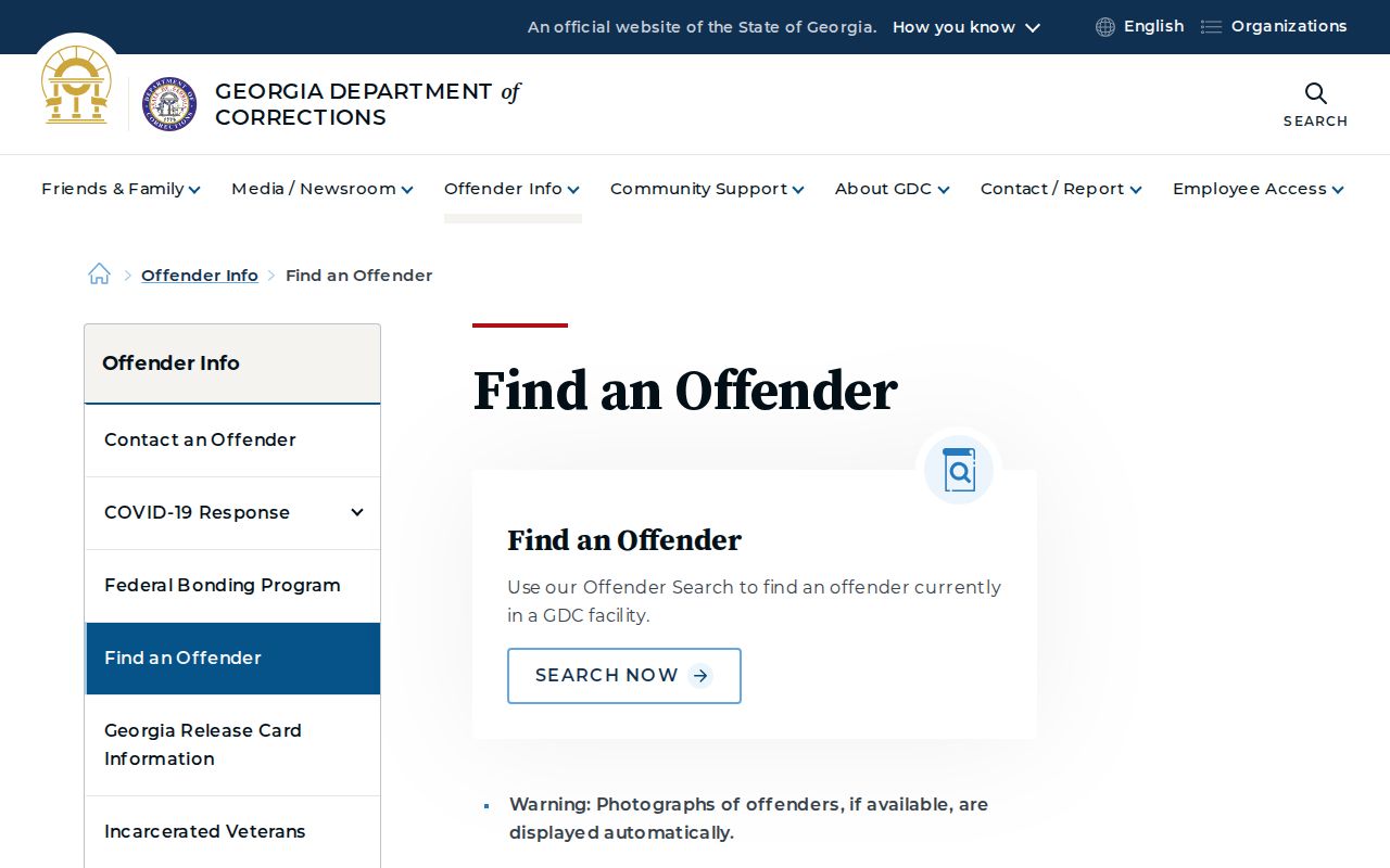 Bacon County state-sentenced offender search fields in the Georgia Department of Corrections system